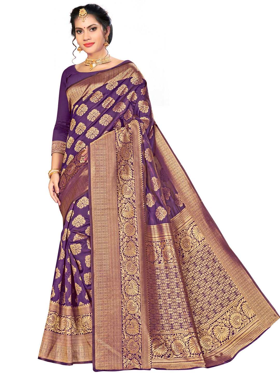 MANVAA Purple & GoldToned Ethnic Woven Design Zari Silk Banarasi Saree