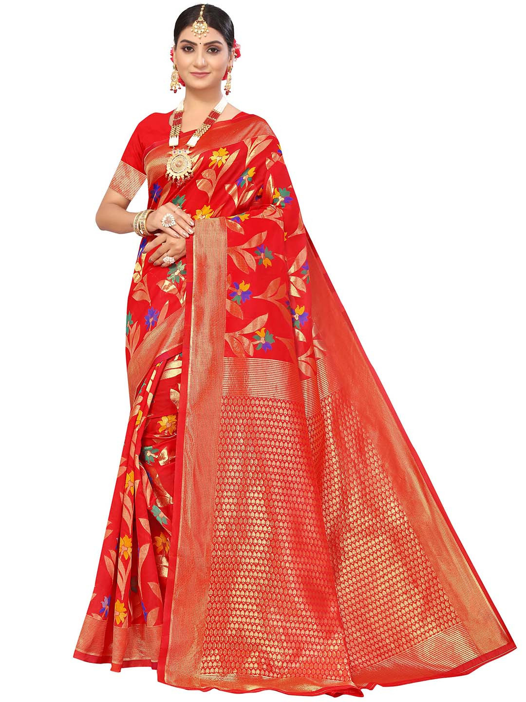 MANVAA Red & GoldToned Ethnic Woven Design Zari Pure Cotton Kanjeevaram Saree