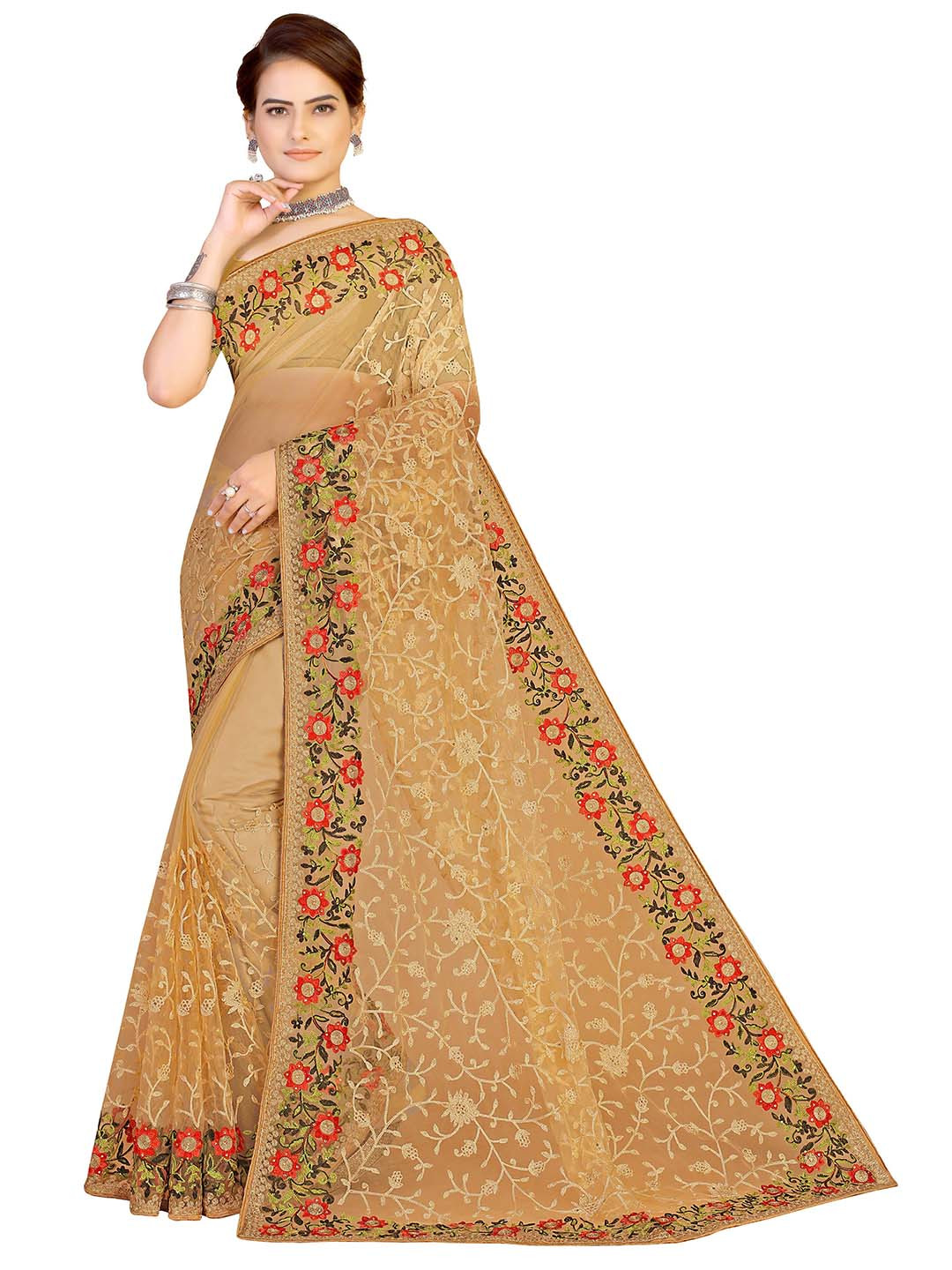 MANVAA Beige & Red Floral Embroidered Net Saree