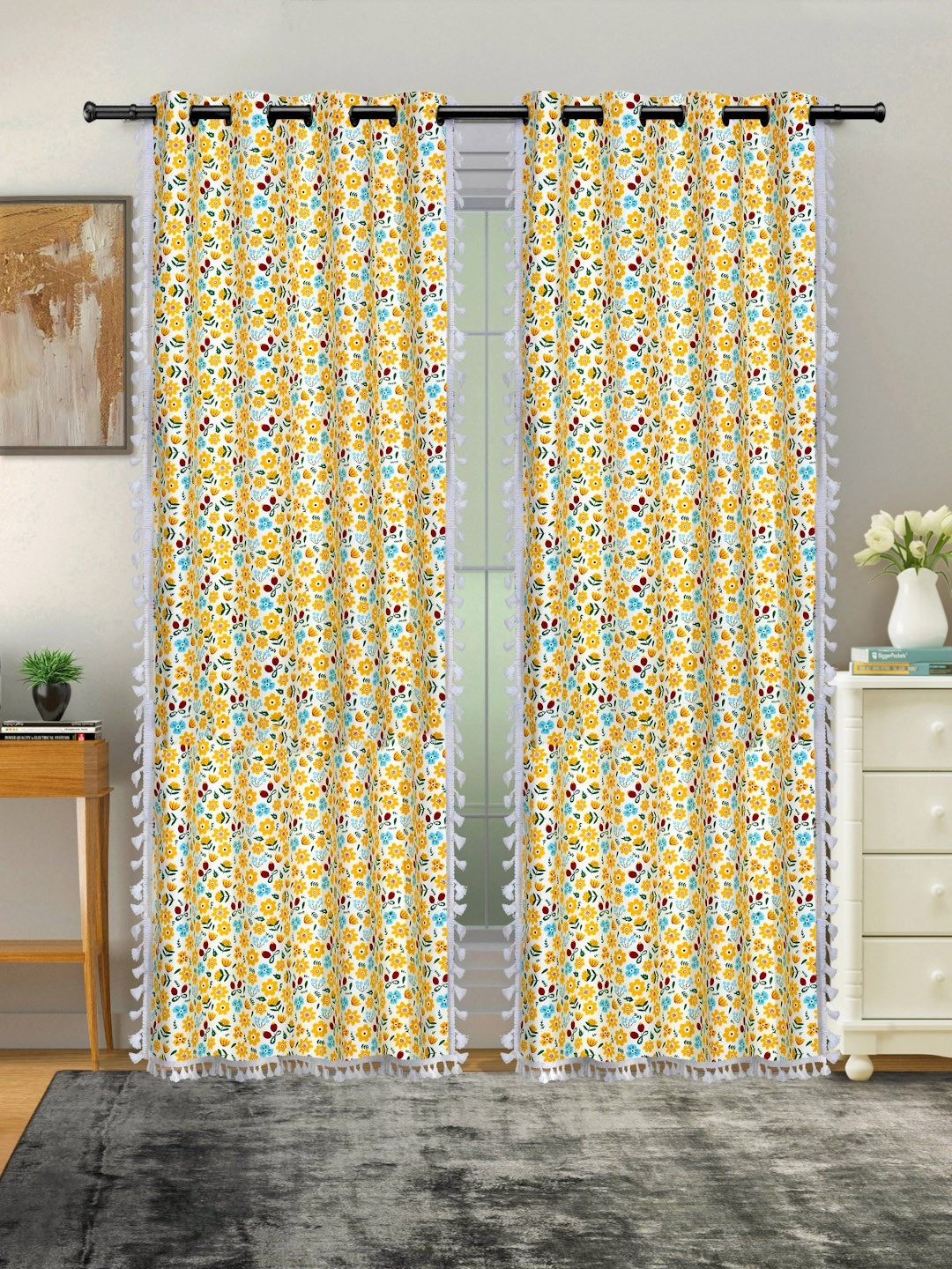 Cortina Single Yellow & White Floral Cotton Long Door Curtain - 9 Feet