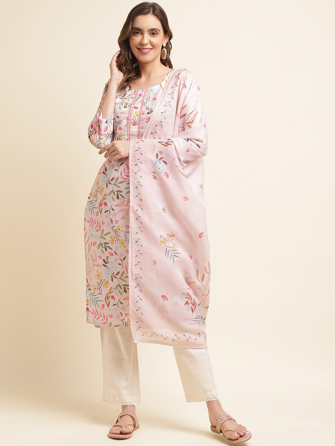 Ode by House of Pataudi Pink Floral Printed Sequinned Linen Kurta With Trousers & Dupatta