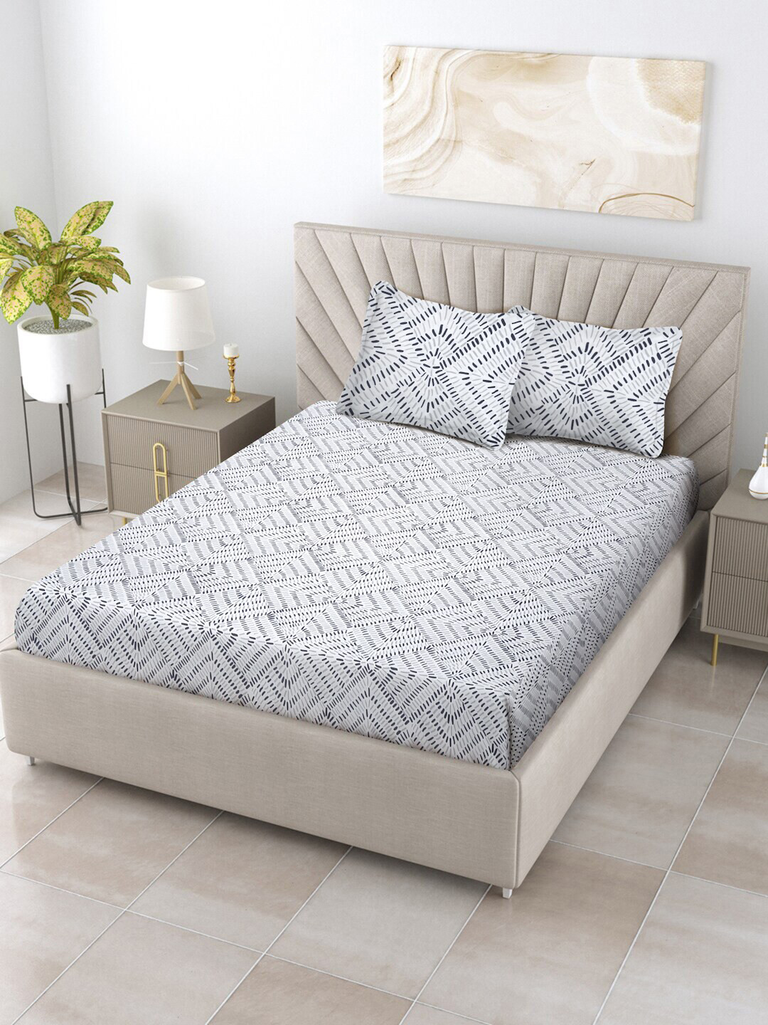 Ratan Cart Charcoal Abstract Pure Cotton 120 TC Double Bedsheet with 2 Pillow Covers-104 x 104 inches