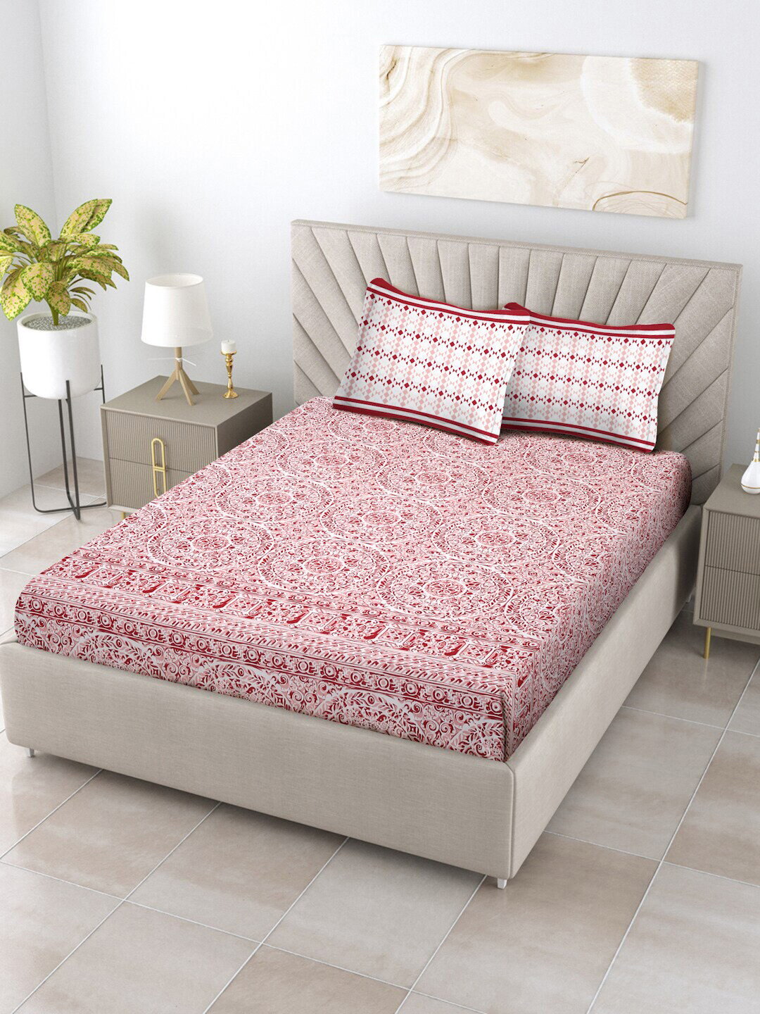 Ratan Cart Red Ethnic Motifs Cotton 120 TC Queen Bedsheet with 2 Pillow Covers-228 x 152 cm