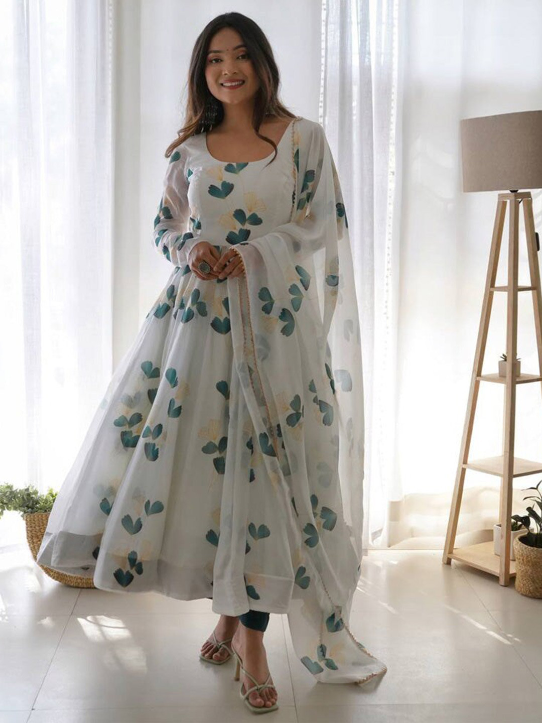 KALINI Floral Printed Anarkali Organza Kurta With Dupatta