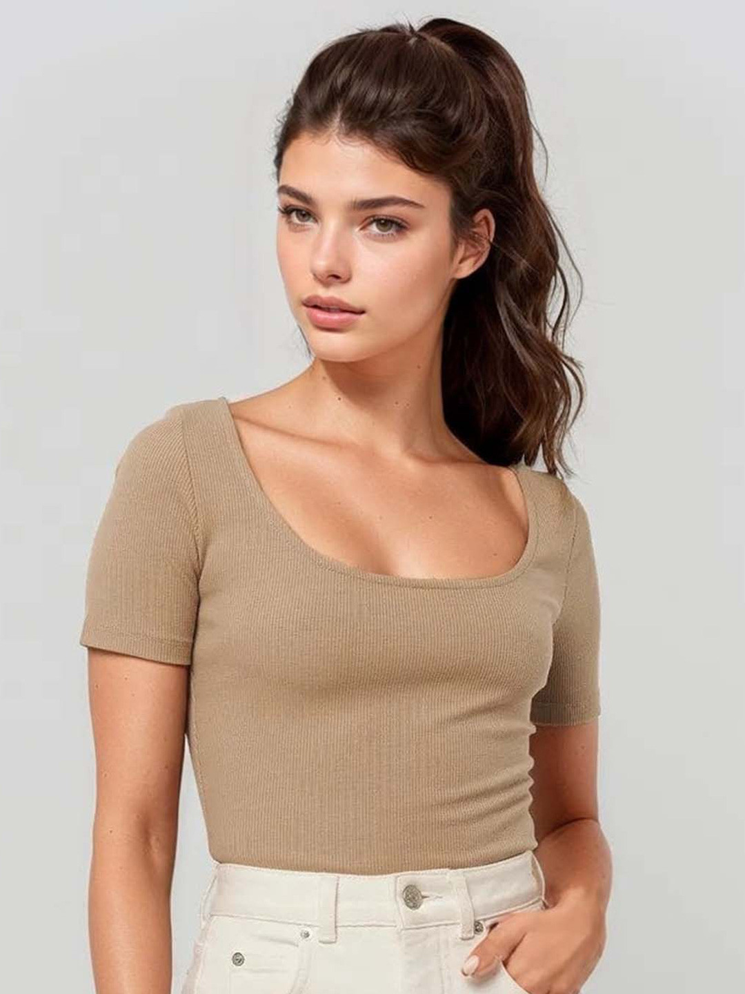 MYWISHBAG Scoop neck Short Sleeve Striped Regular Top