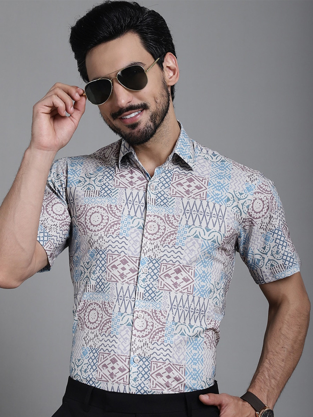 Indian Needle Classic Ethnic Motifs Printed Spread Collar Formal Shirt