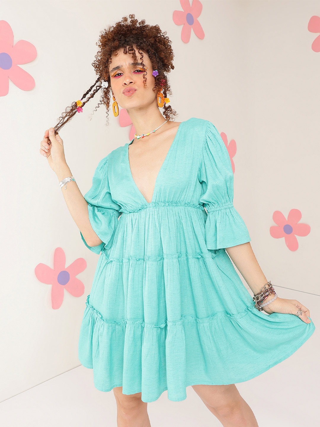 Fuchsia  Bell Sleeve V-neck Tiered Empire Dress