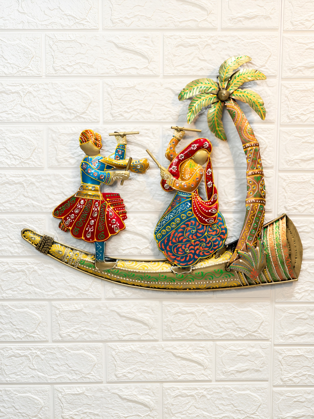 Ekhasa Dancing Couple Metal Ethnic Motifs Glossy Hanging Hall Wall Hangings-16.9In