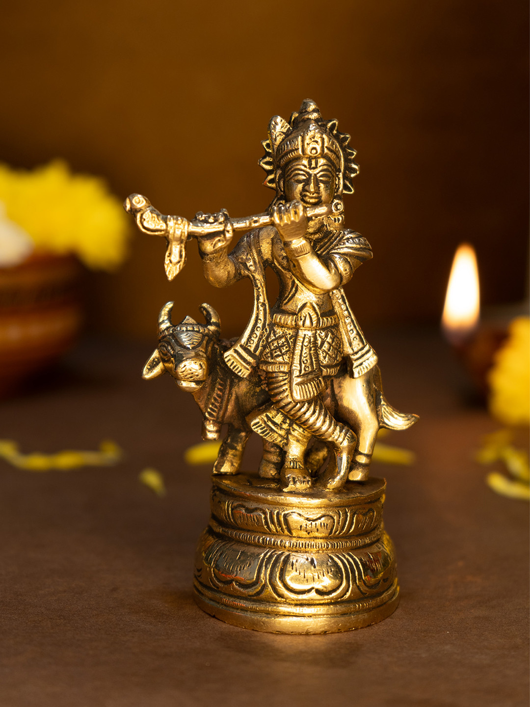 Ekhasa Lord Krishna Playing Flute with Kamdhenu Cow Gold Brass Metallic Prayer Room Small Showpiece - 5 Inches