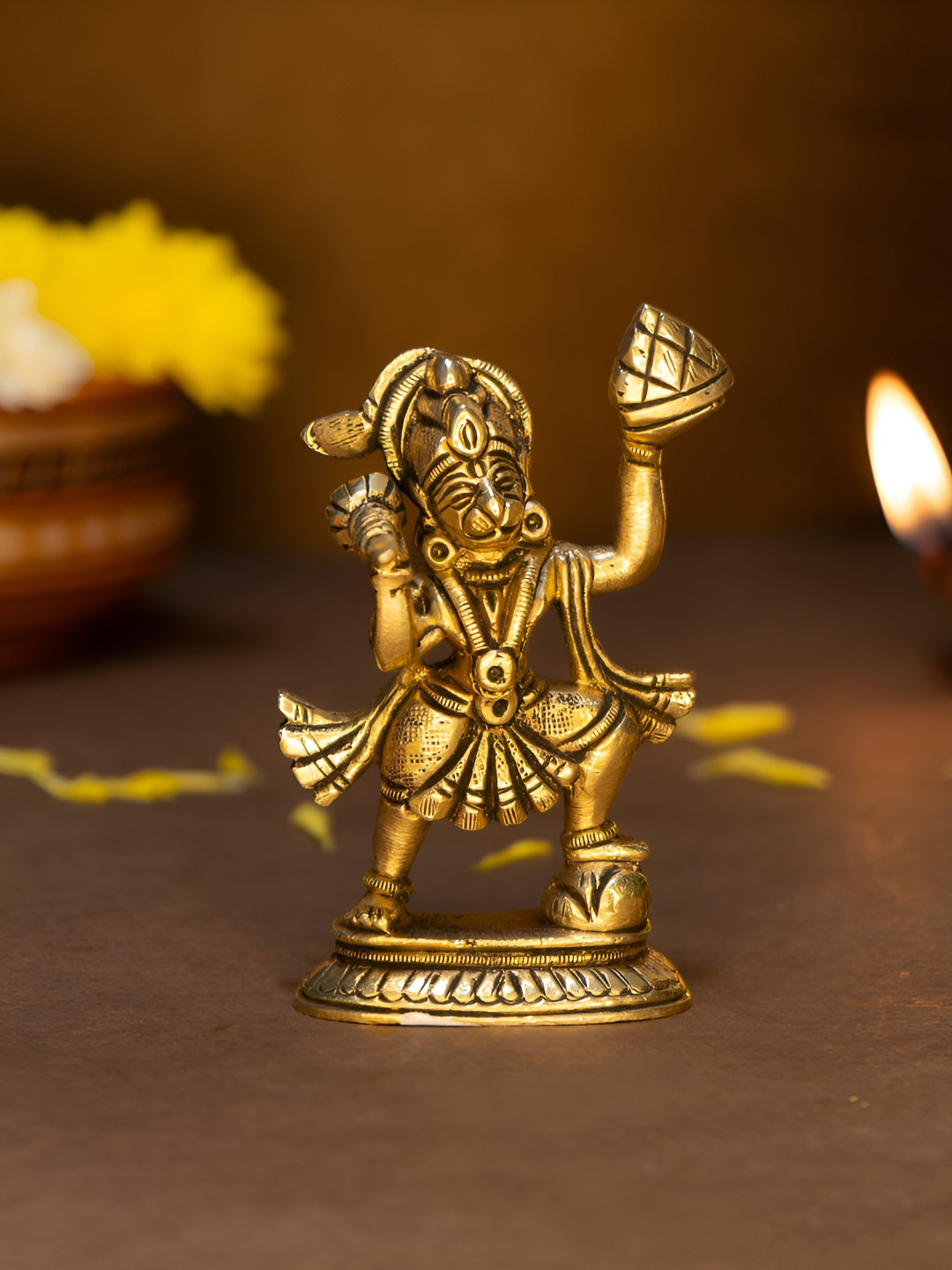 Ekhasa Hanuman with Mountain Brown Brass Metallic Prayer Room Medium Showpiece - 3.5 Inches