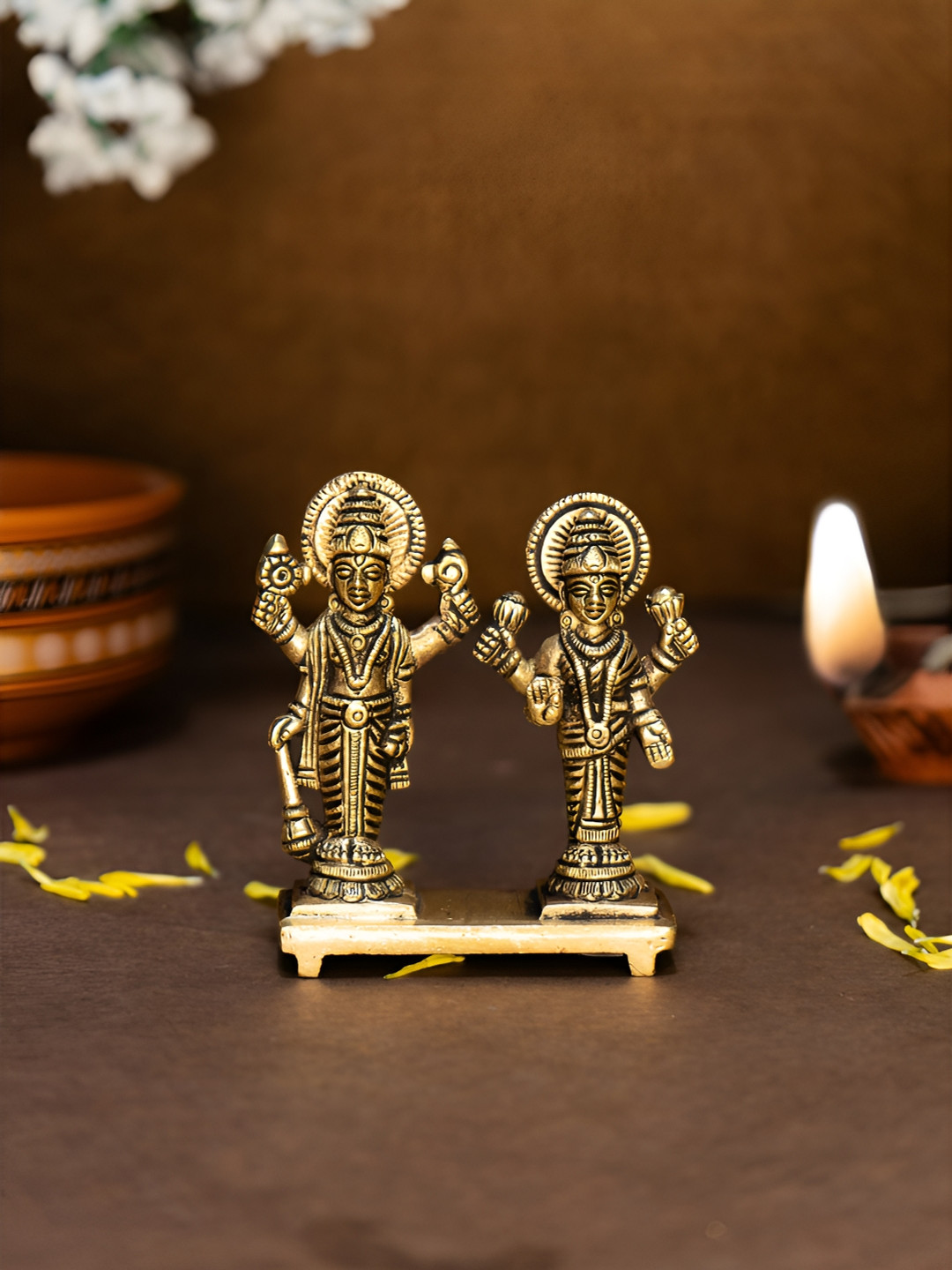 Ekhasa Vishnu Laxmi Gold Brass Metallic Prayer Room Tiny Showpiece - 1 Inches