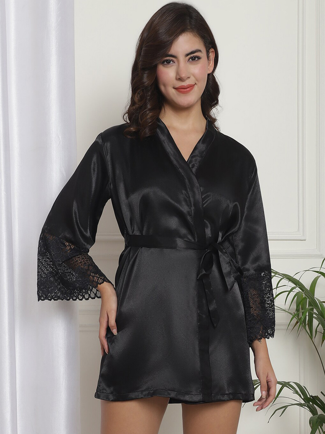 Claura V-Neck Long Sleeves Silk Satin Mini Sleepwear Robe