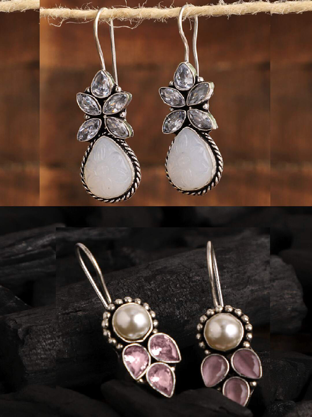 VENI Set Of 2 Silver Plated Oxidised Drop Earrings