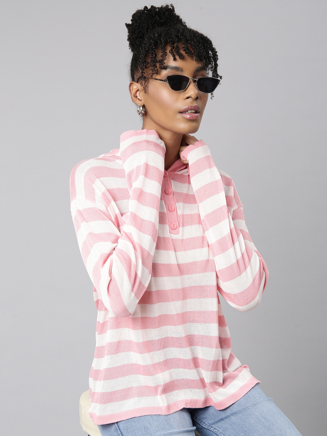 SHOWOFF Long Sleeves Striped Hood Shirt Style Top