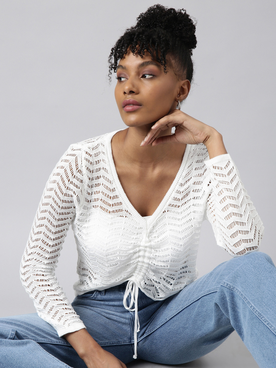 SHOWOFF  V-Neck Self Design Crochet Ruched Top Comes With Inner Slip