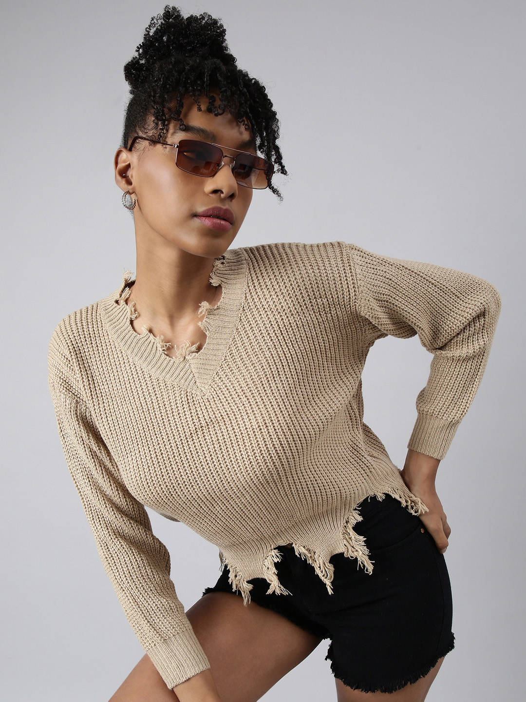 SHOWOFF Striped V-Neck Fringed Long Sleeves Boxy Regular Top