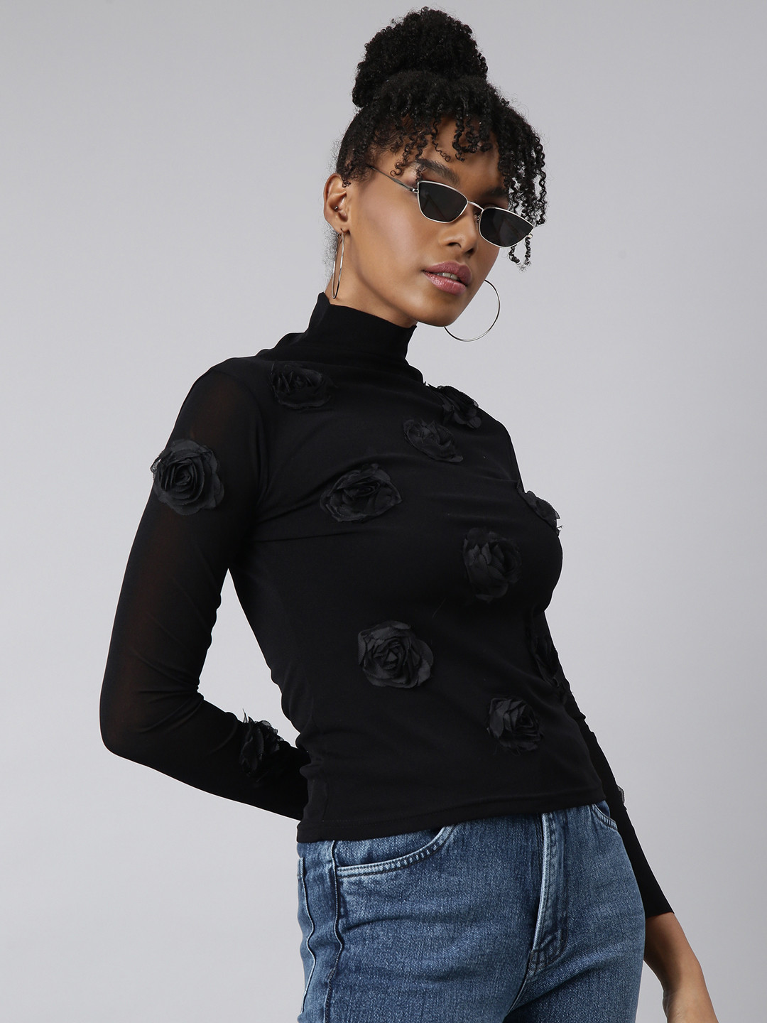 SHOWOFF High Neck Self Design Fitted Top