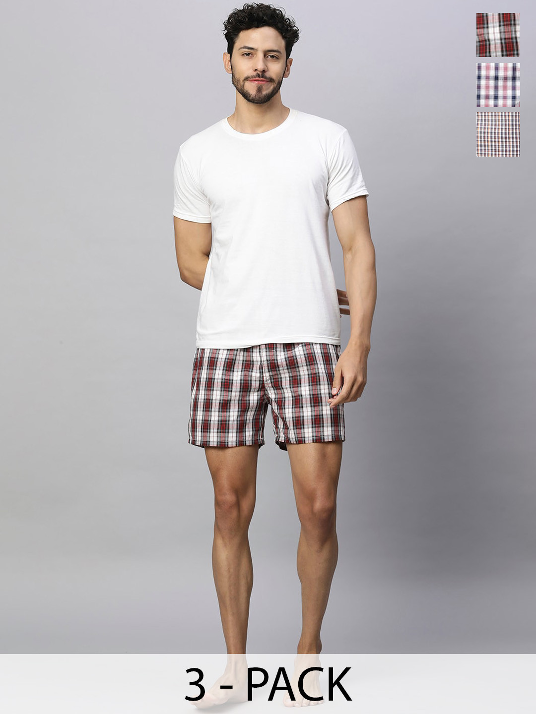 URBAN SCOTTISH Pack Of 3 Checked Pure Cotton Comfort-Fit Boxers-USBX2439