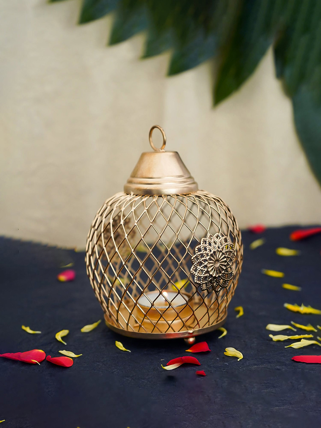 Ekhasa Gold Toned Metal Bird Cage Round Tealight Candle Holder