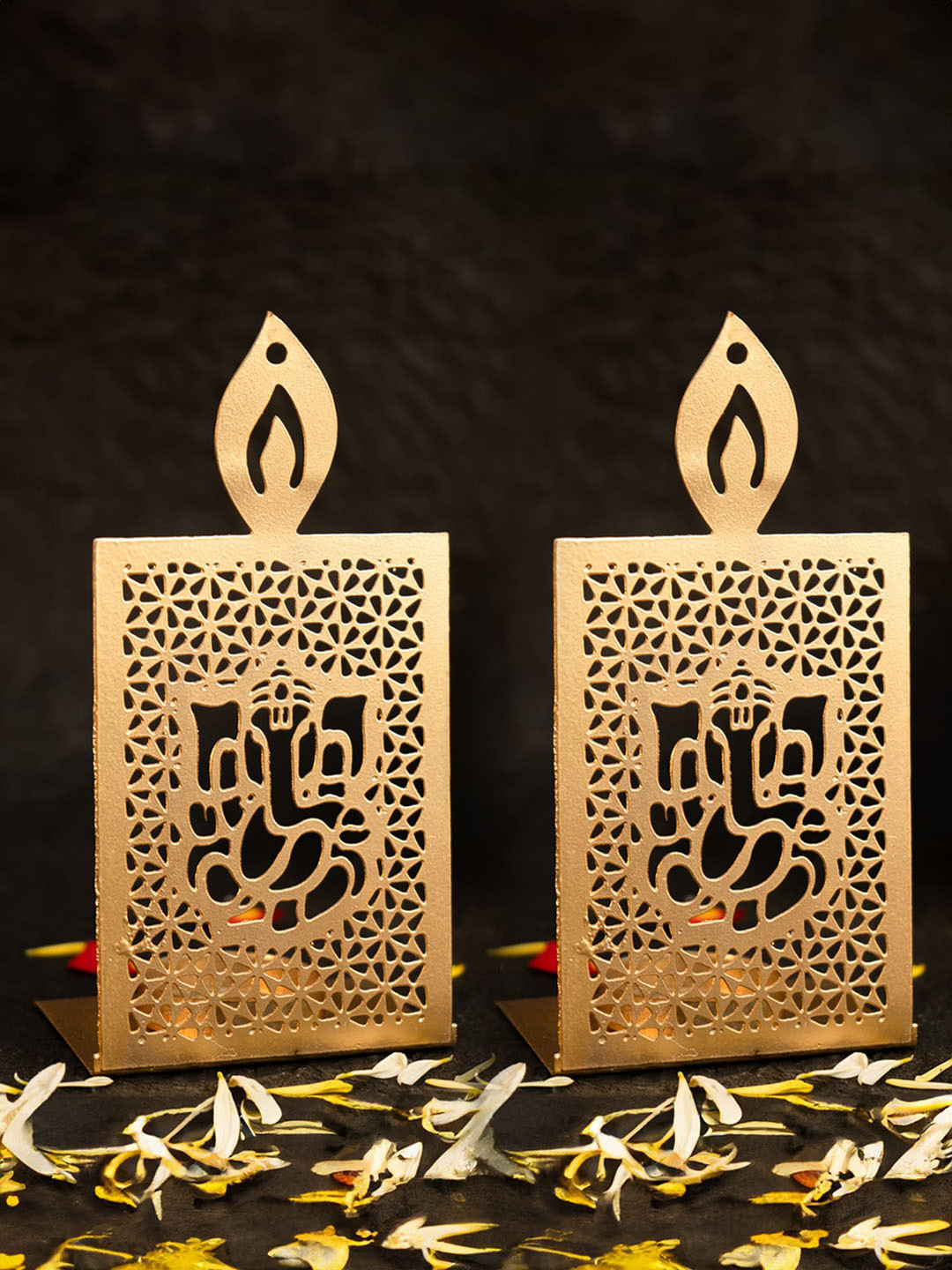 Ekhasa 2 Pieces Metal Gold Toned Ganesh Shadow Tealight Candle Holder