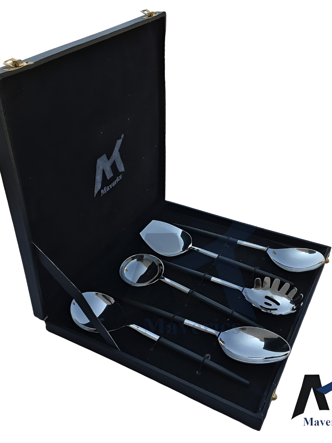 Maverics Black & Silver Toned 6 Pieces Steel Serving Spoon With Box