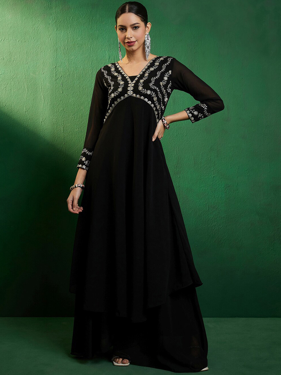 Sangria Alia Cut Black & Gold Toned Yoke Design Embroidered A-Line Empire Kurta With Palazzos