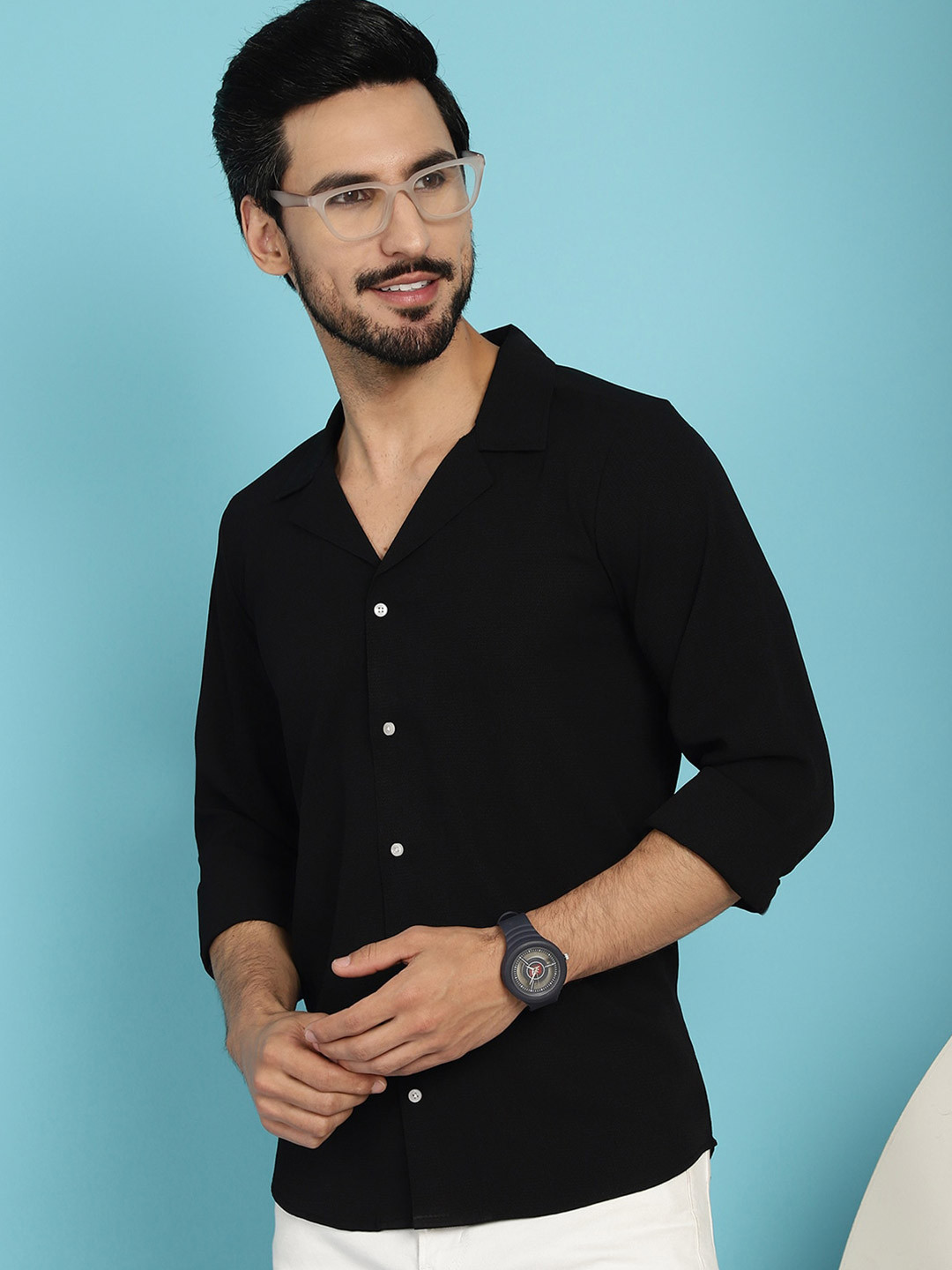 Indian Needle Lapel Collar Long Sleeves Classic Opaque Wrinkle Free Casual Shirt