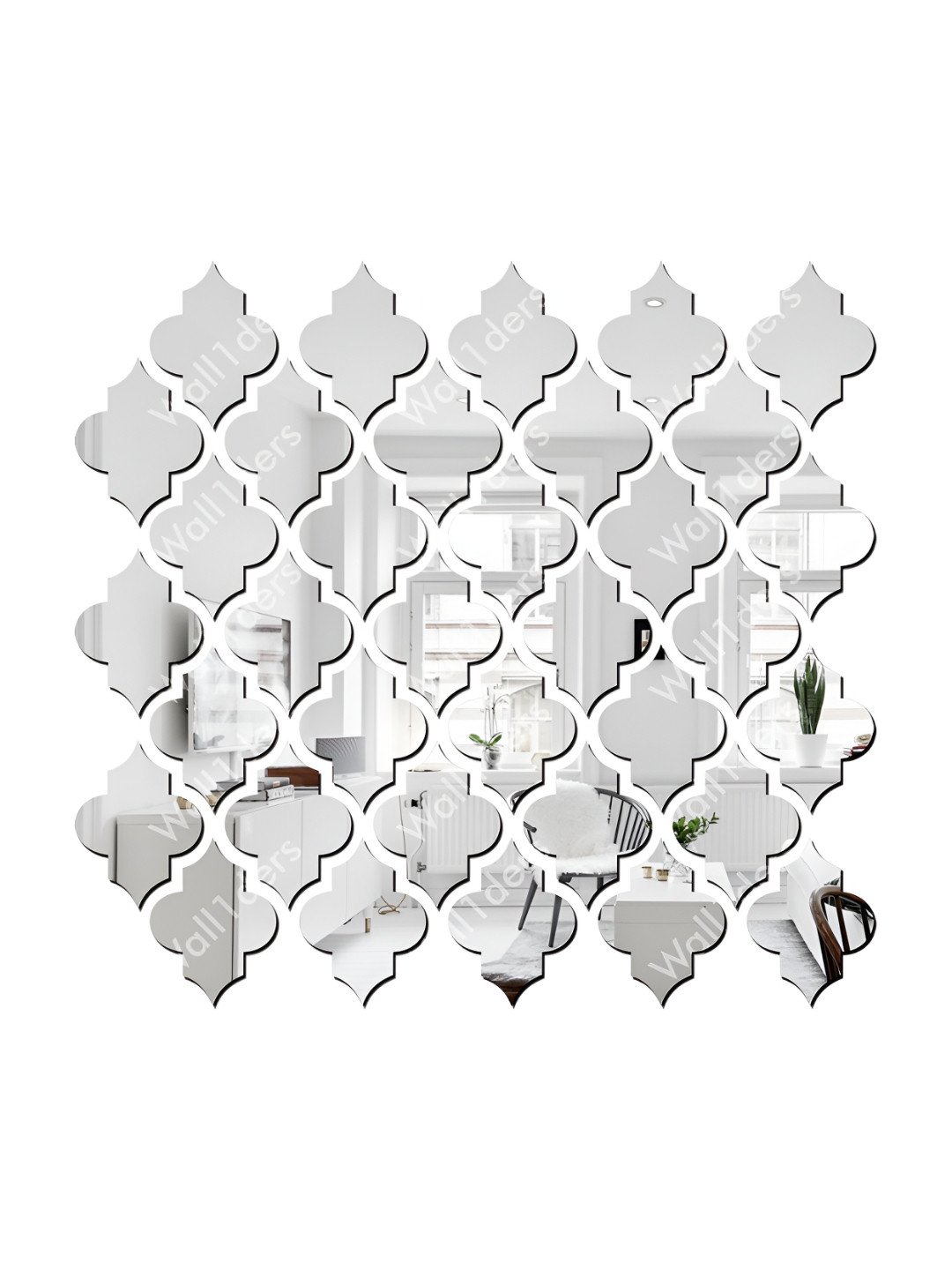 Wall1ders 35 Pieces Silver Toned Jali Patterned Mirror Wall Stickers