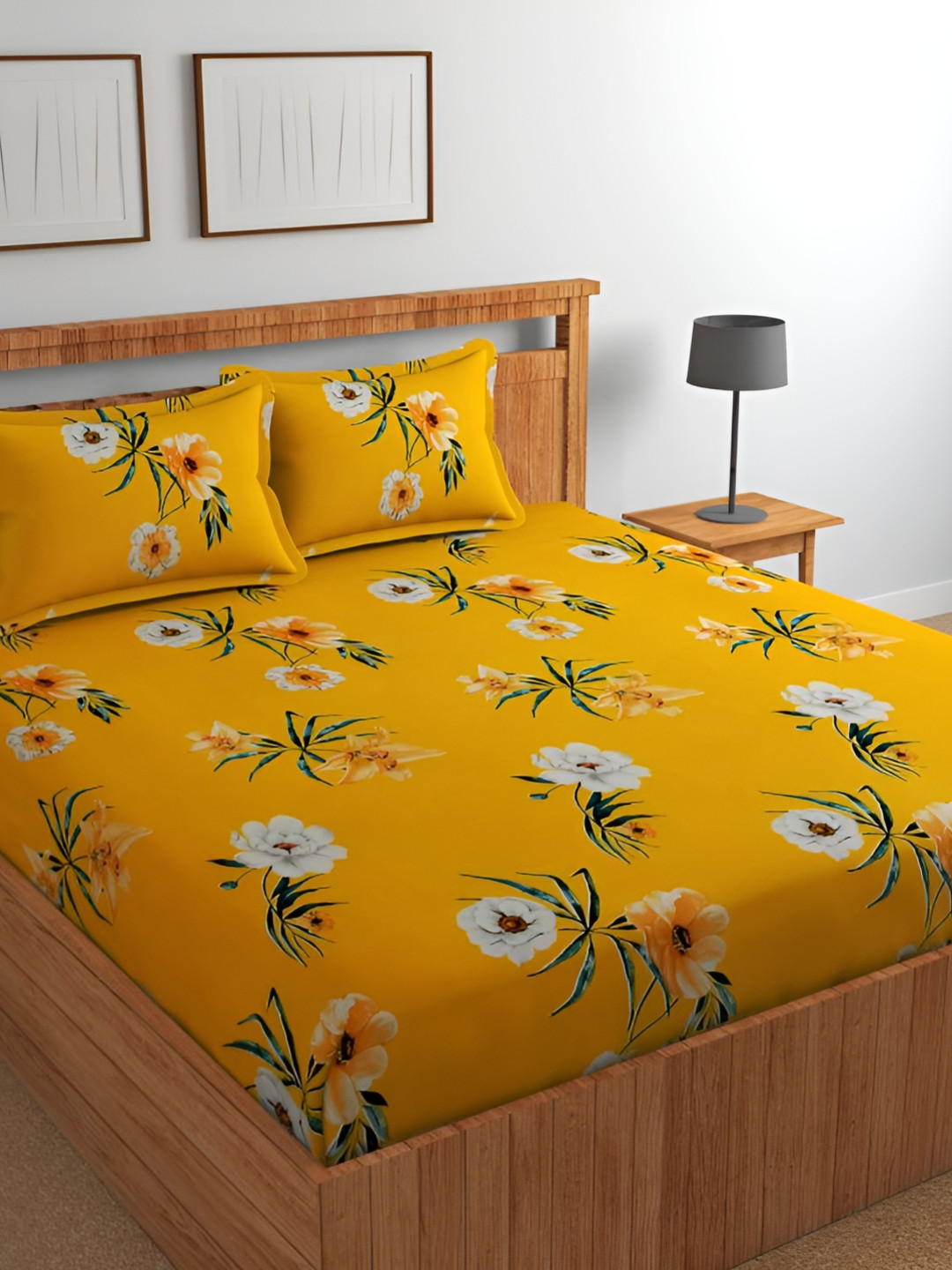 Florida Mustard Floral Cotton 180 TC Fitted Queen Fine Bedsheet with 2 Pillow Covers-98 x 89 inches