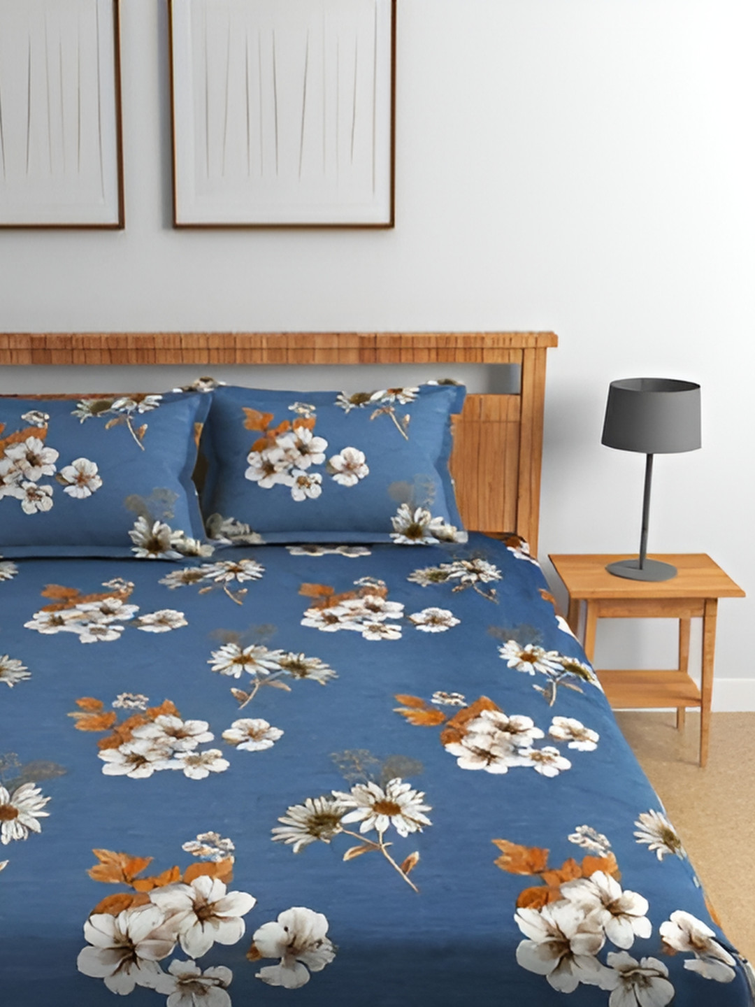 Florida Blue & White Floral Cotton 180 TC Queen Fitted Bedsheet with 2 Pillow Covers