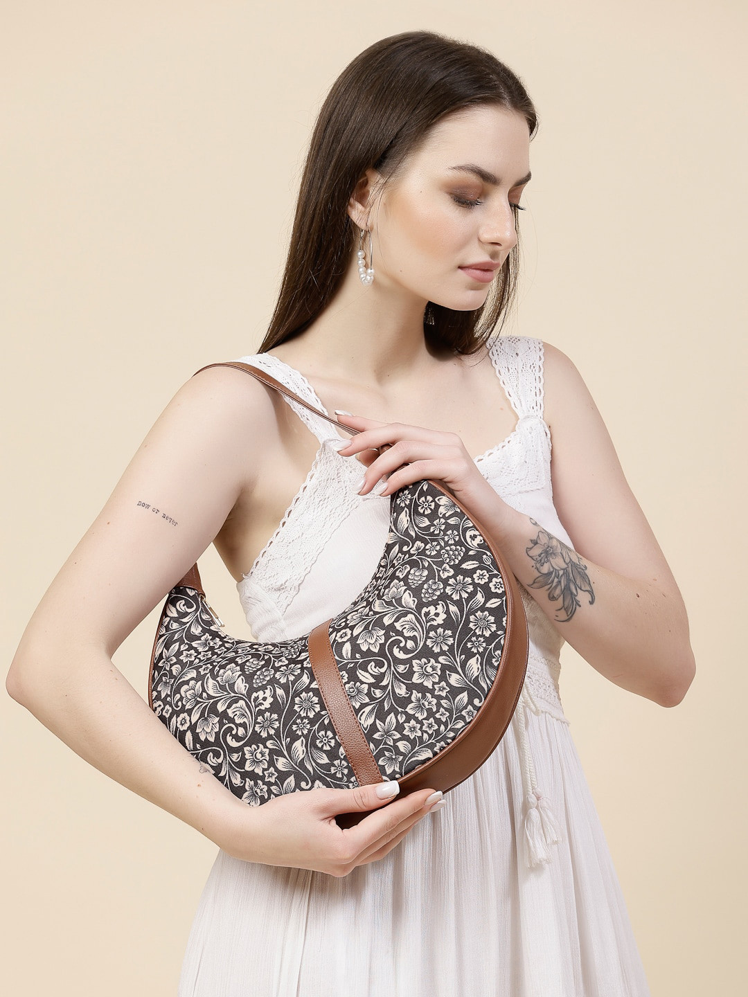 Anouk Tan-Coloured Floral Printed Half Moon Hobo Bag