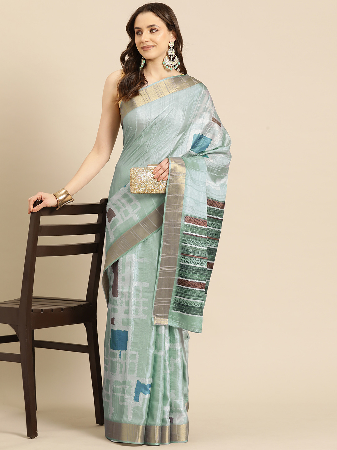 Silk Land Abstract Printed Zari Block Print Saree