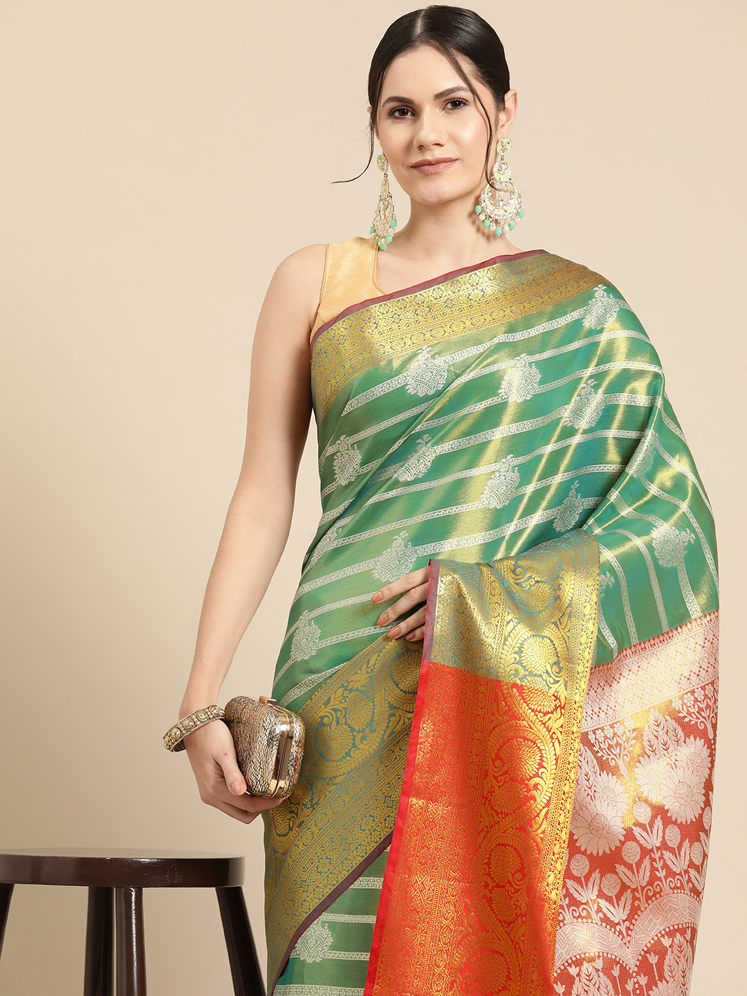Silk Land Striped Zari Brocade Banarasi Saree