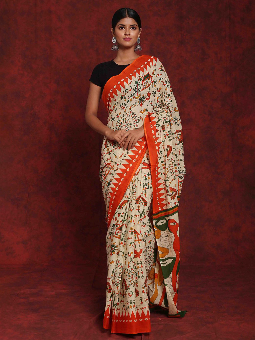 NIKHILAM Warli Printed Mulmul Cotton Block Print Saree