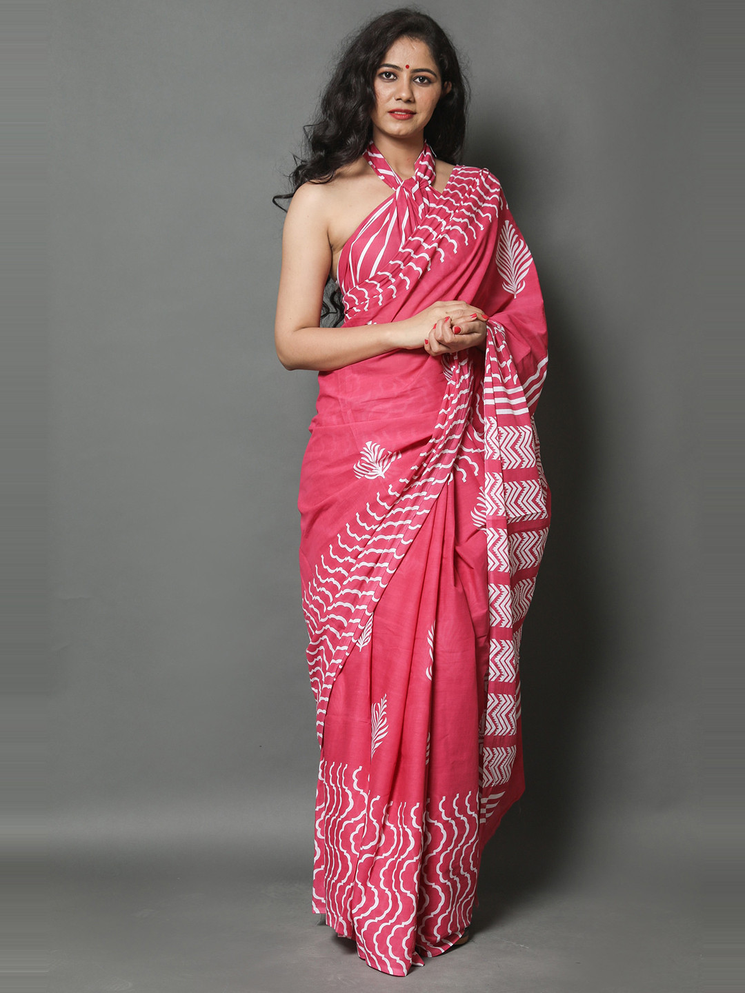 NIKHILAM Ethnic Motifs Printed Mulmul Cotton Block Print Saree