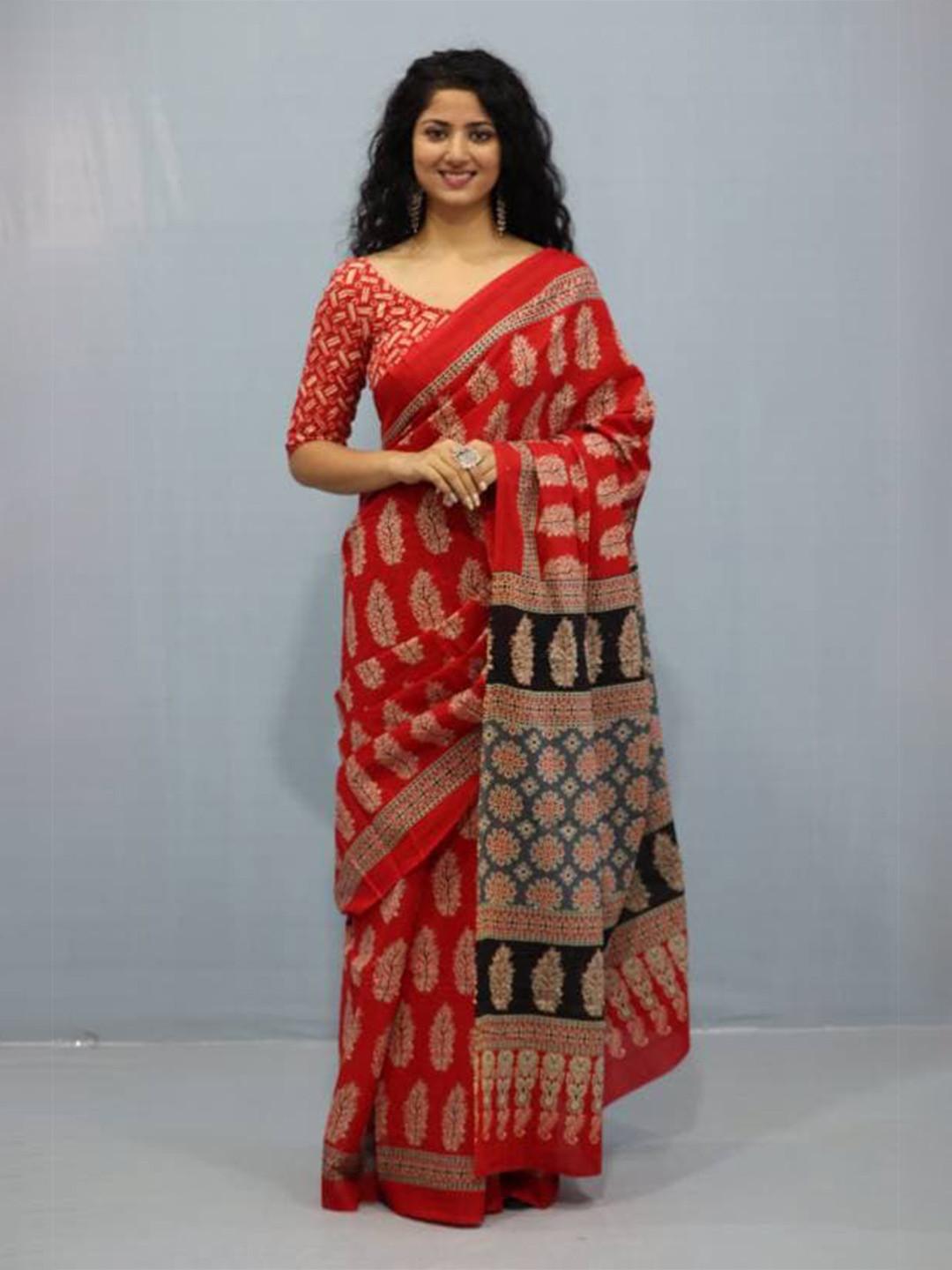 NIKHILAM Ethnic Print Pure Cotton Bagru Saree