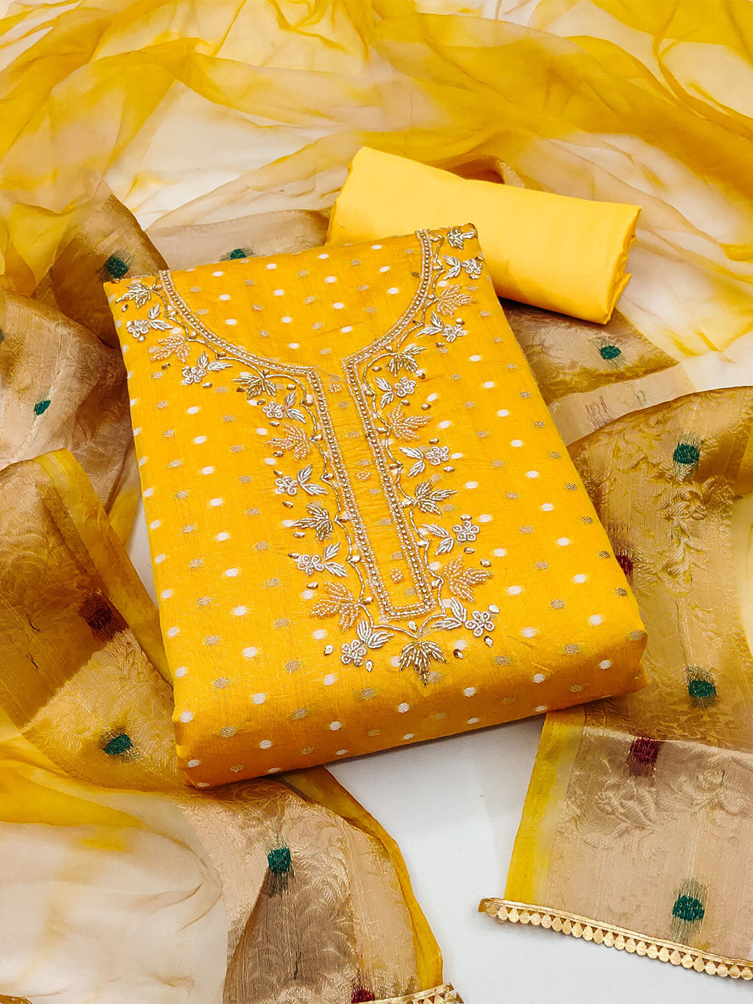 KALINI Ethnic Motif Woven Design Beads and Stones Unstitched Dress Material