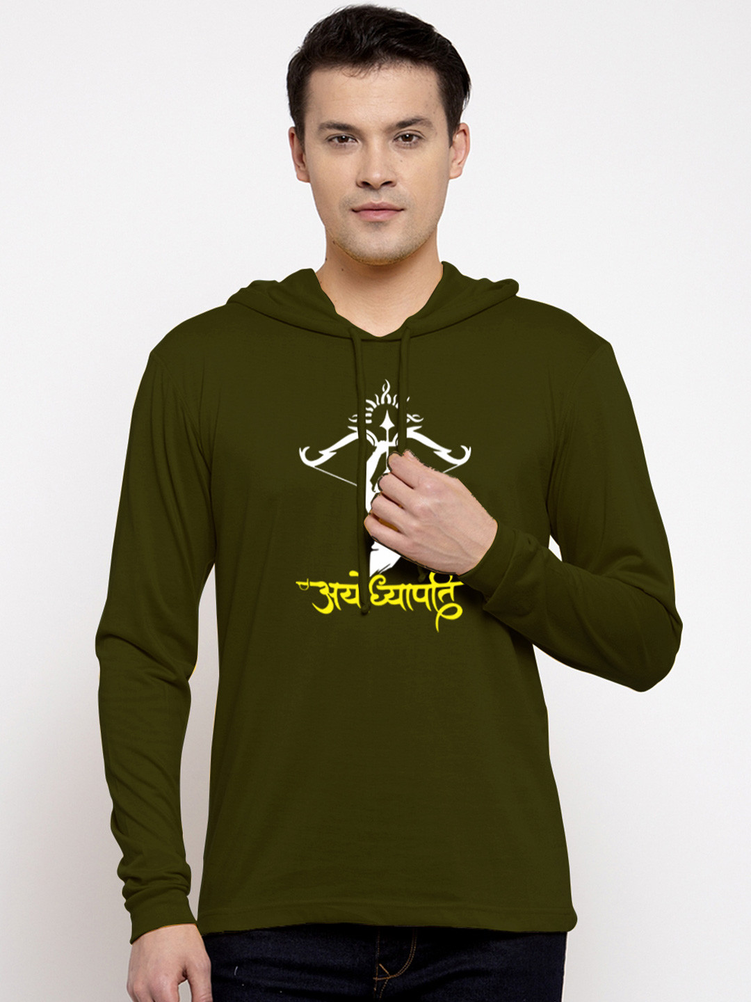 Friskers Men Olive Cotton Graphics Printed Hoodie T-shirt