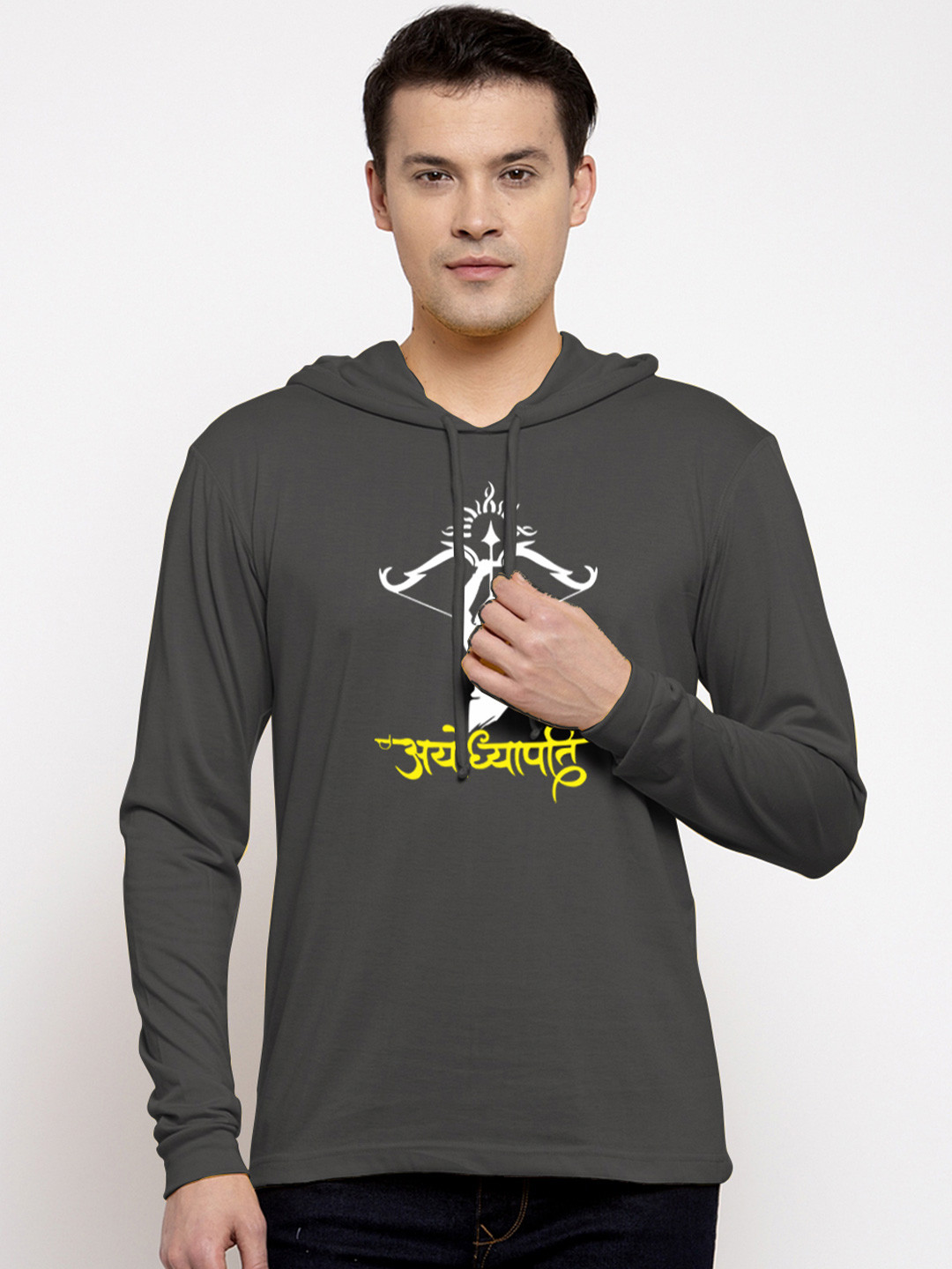 Friskers Men Dark Grey Cotton Graphics Printed Hoodie T-shirt