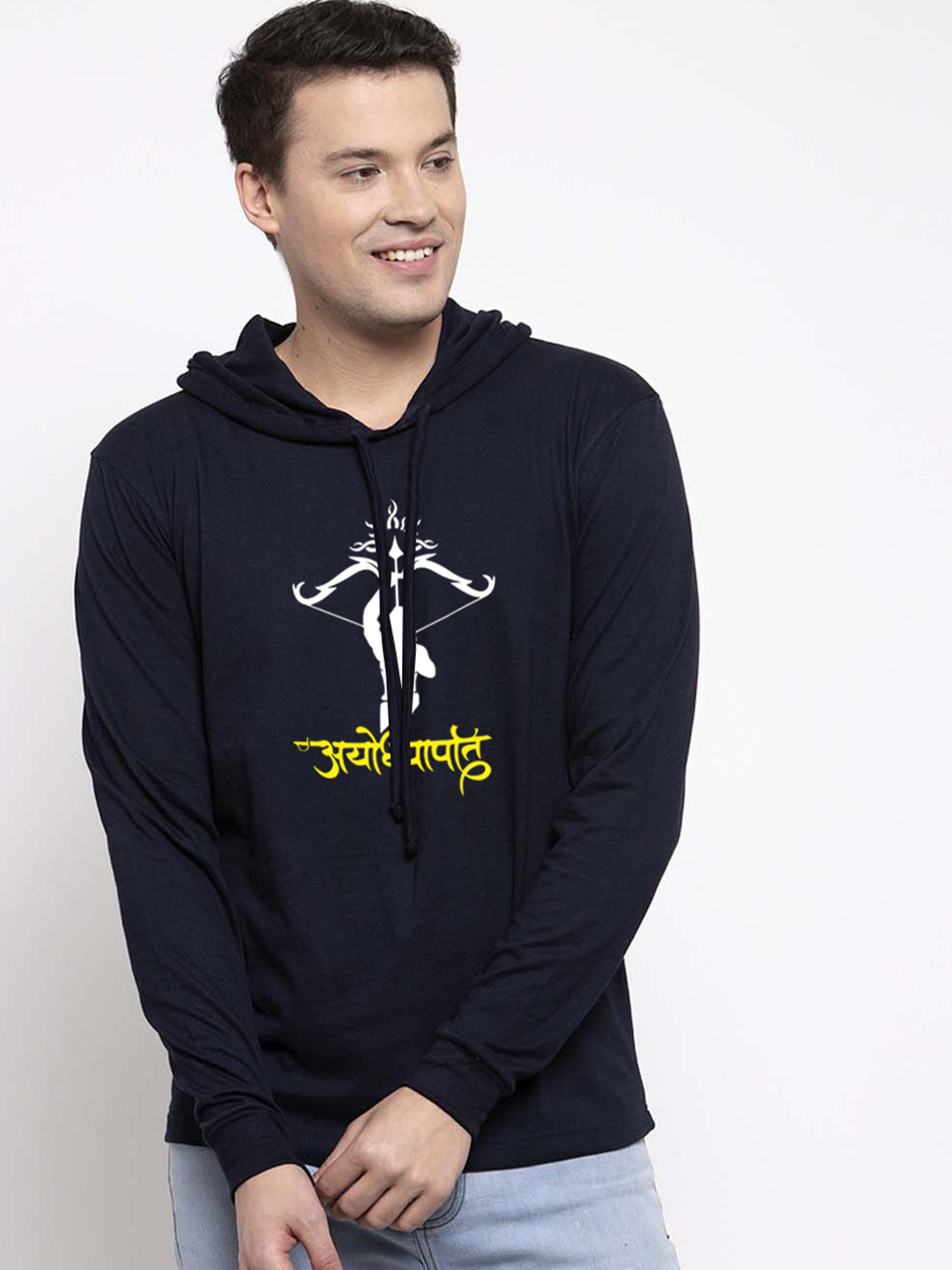 Friskers Men Navy Blue Cotton Graphics Printed Hoodie T-shirt