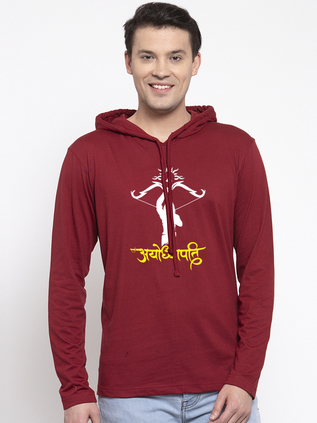 Friskers Men Maroon Cotton Graphics Printed Hoodie T-shirt