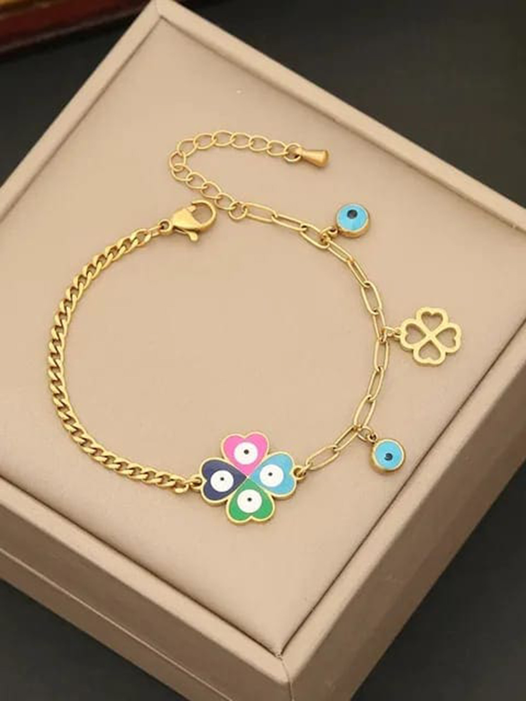 VIEN Stainless Steel Enamelled Gold-Plated Flower Link Bracelet