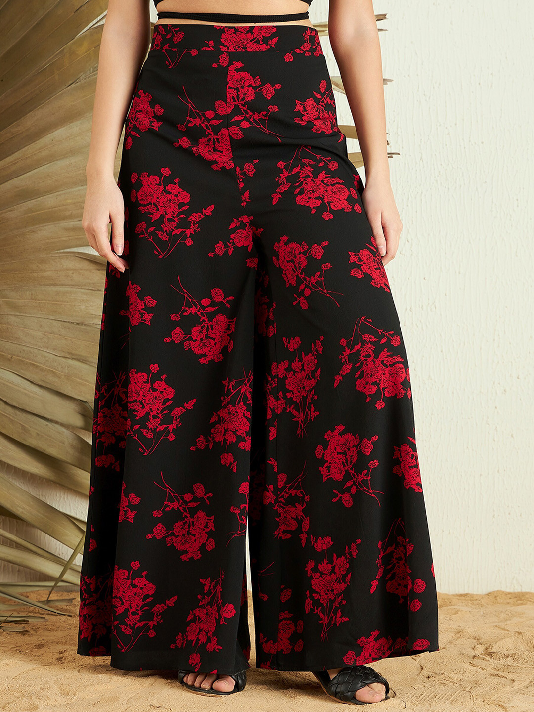 Berrylush Women Black Red Floral Printed High-Rise Parallel Wide Leg Trousers