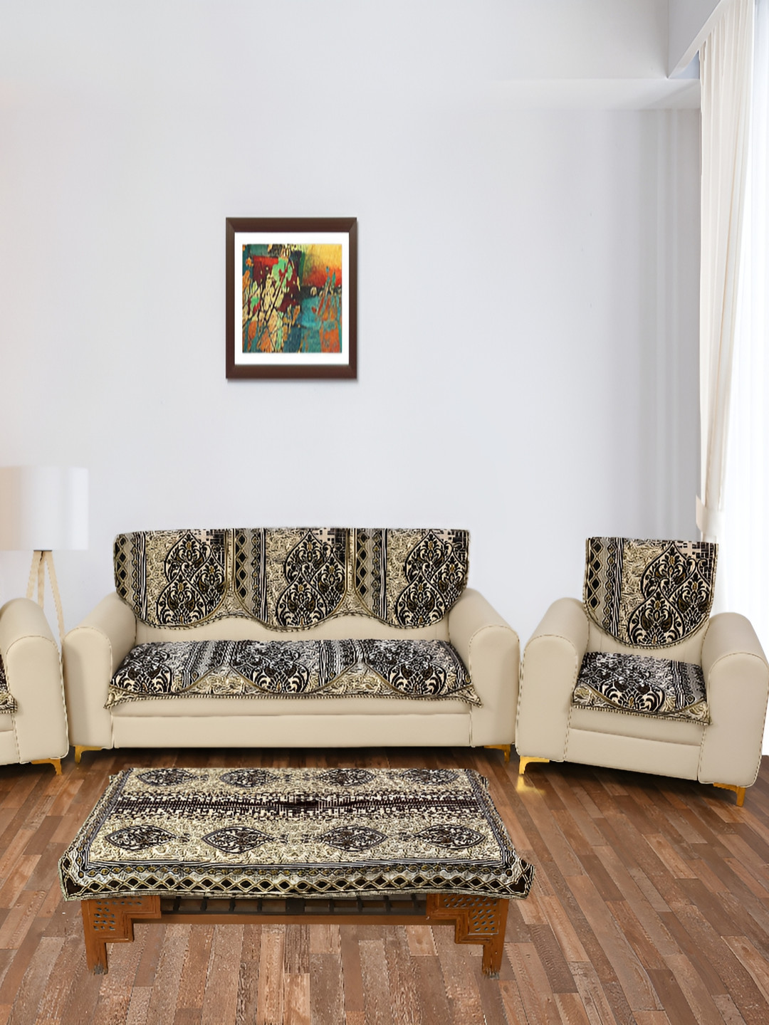 hargunz Brown 7 Pieces Printed 5-Seater Sofa Covers With Table Cover