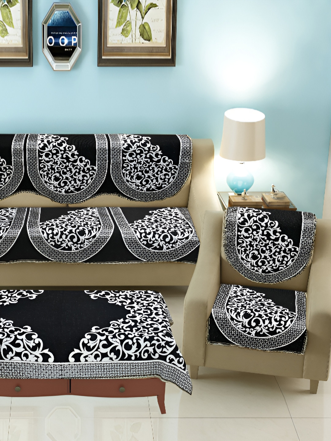 hargunz Black7 Pieces Printed 5-Seater Sofa Covers With Table Cover