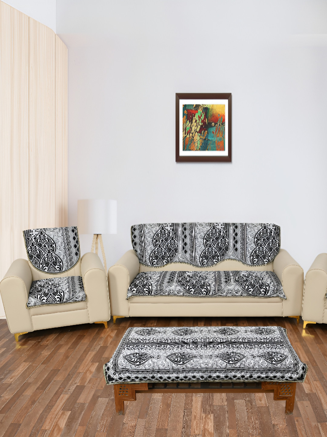 hargunz Black 7 Pieces Printed 5-Seater Sofa Covers With Table Cover