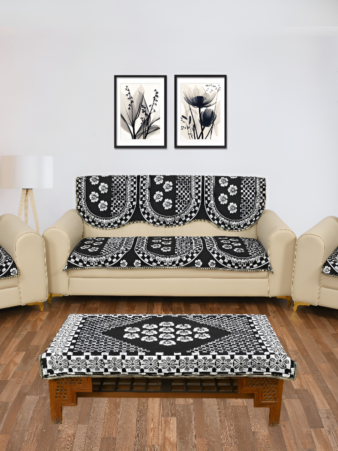 hargunz Black 7 Pieces Printed 5-Seater Sofa Covers With Table Cover