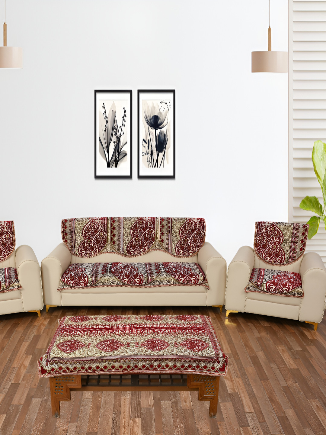hargunz Maroon 7 Pieces Printed 5-Seater Sofa Covers With Table Cover