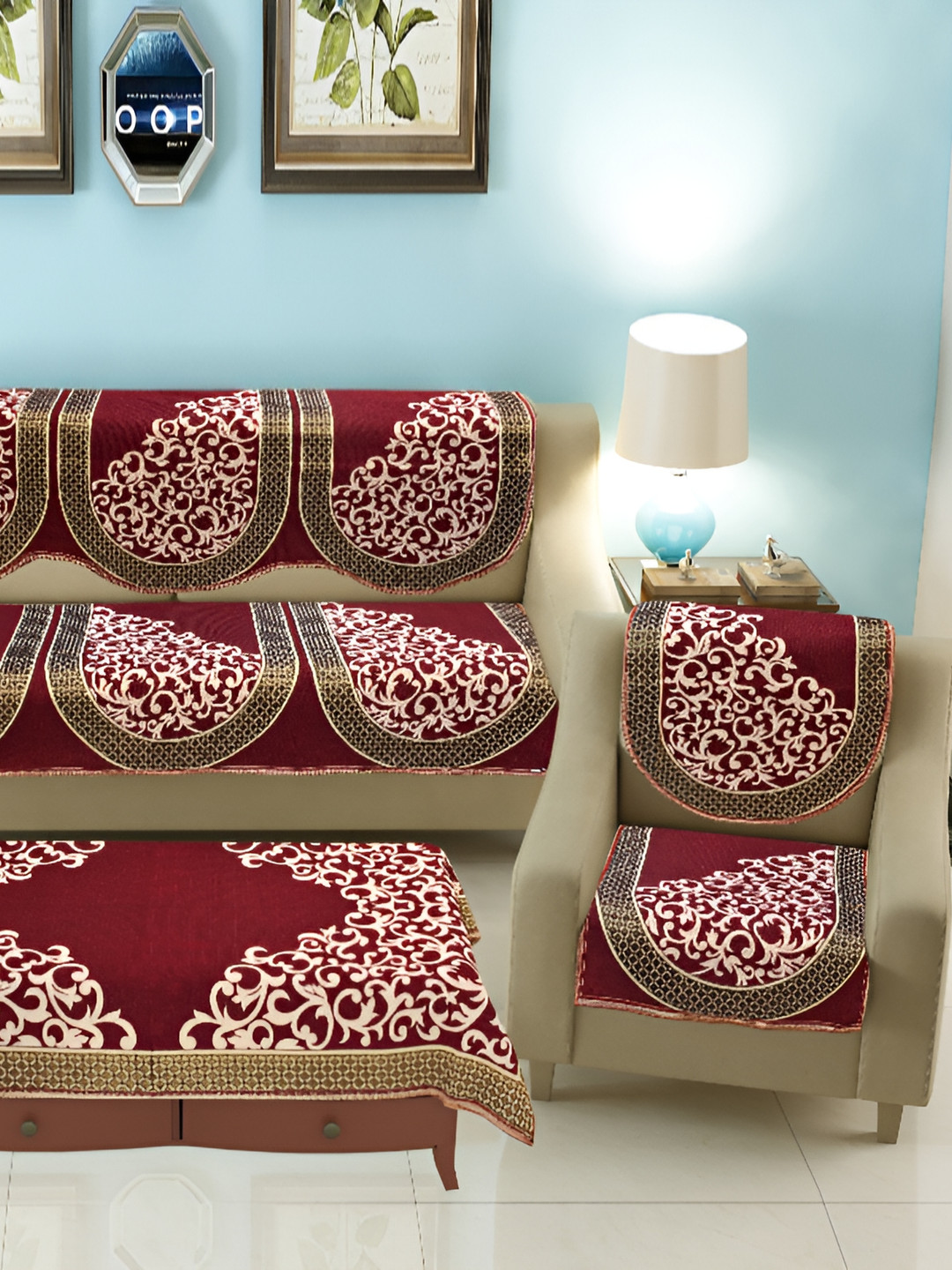 hargunz Maroon & White 7 Pieces Jacquard Sofa Cover