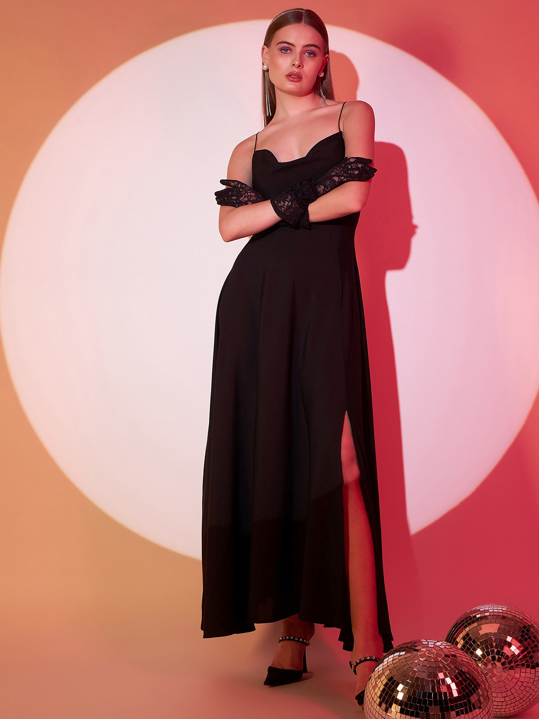 Berrylush Cowl Neck Shoulder Straps Front Slit Maxi Dress